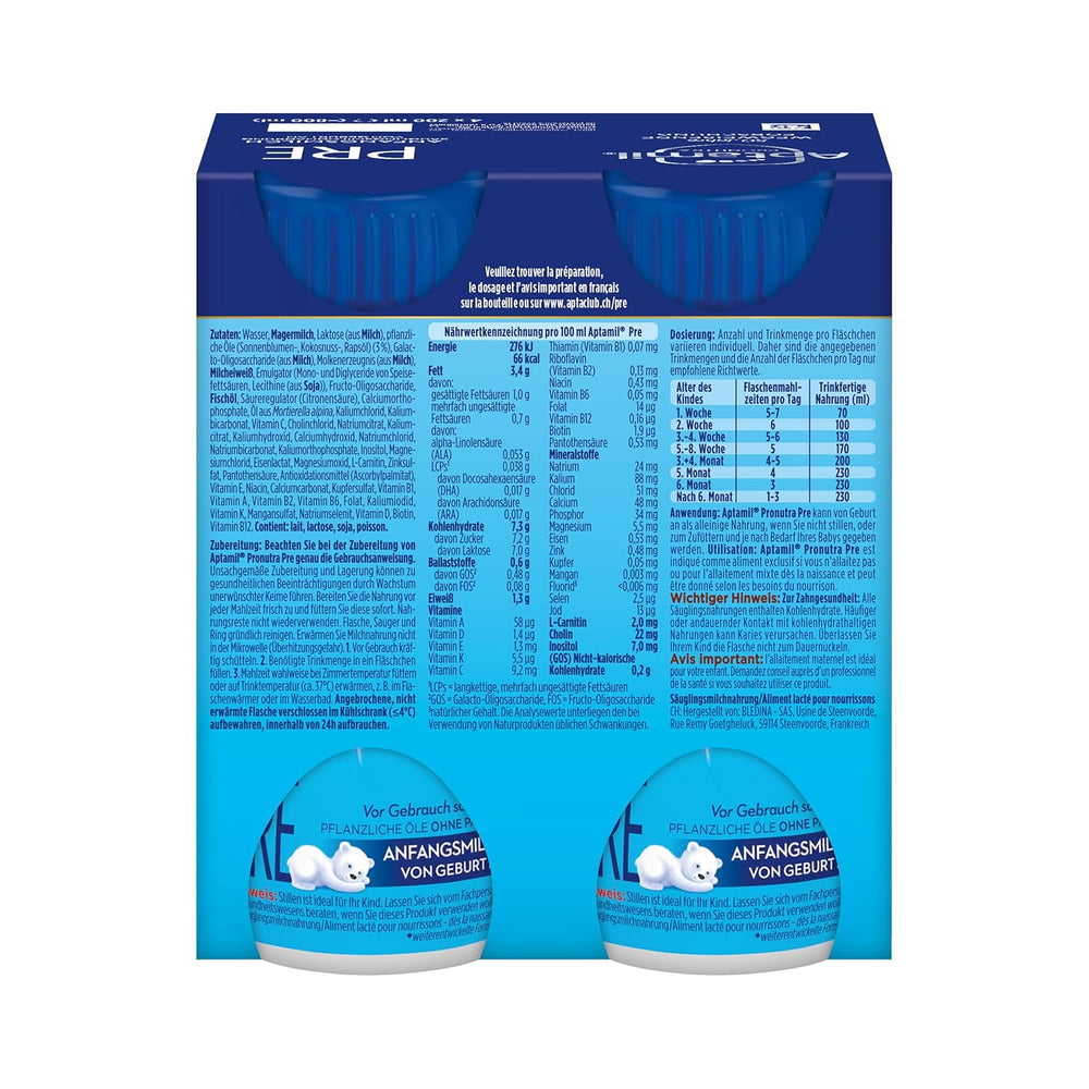 Aptamil Pronutra Pre - Mieszanka dla niemowląt od urodzenia - Z olejami roślinnymi, bez oleju palmowego - 6 x 4 x 200 ml (4800 ml)
