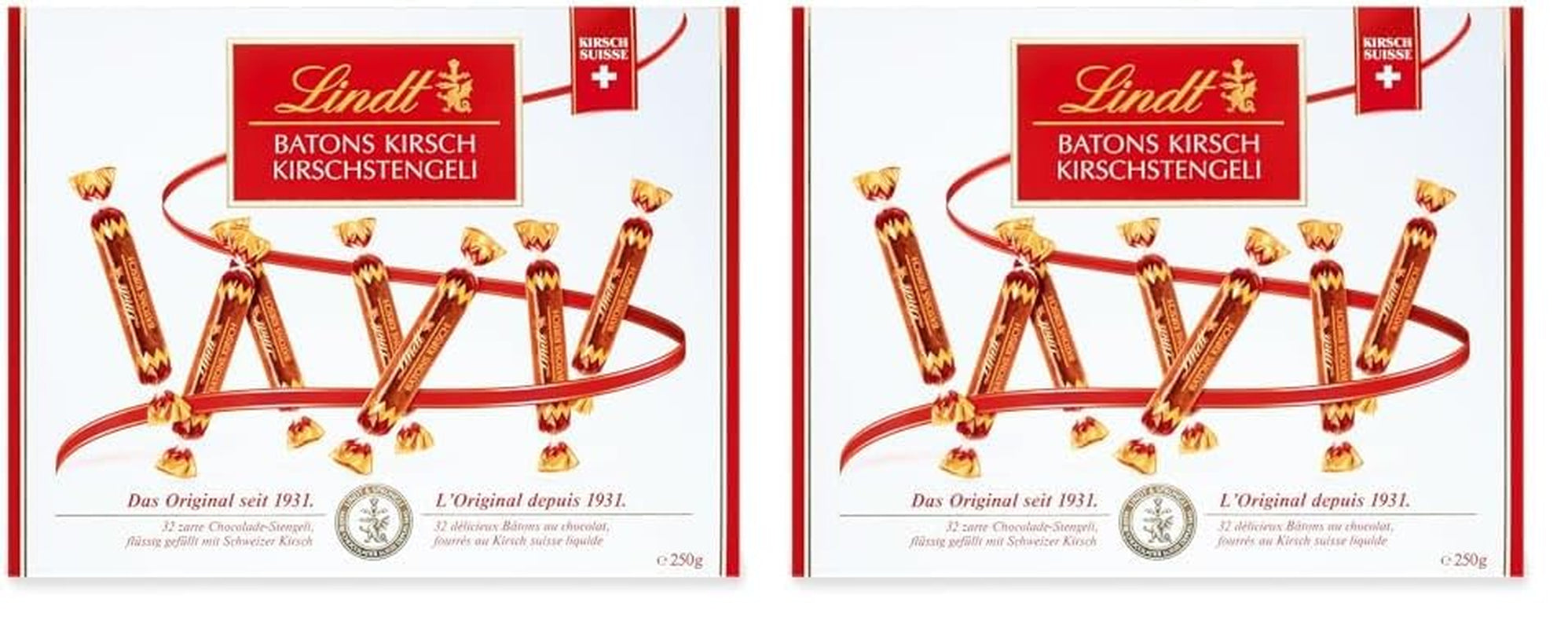 Batony czekoladowe Lindt z łodygami wiśni | 250 g 32 Batoniki mlecznej czekolady nadziewanej płynną wiśnią szwajcarską | Prezent czekolada z alkoholem | Czekoladowy prezent
