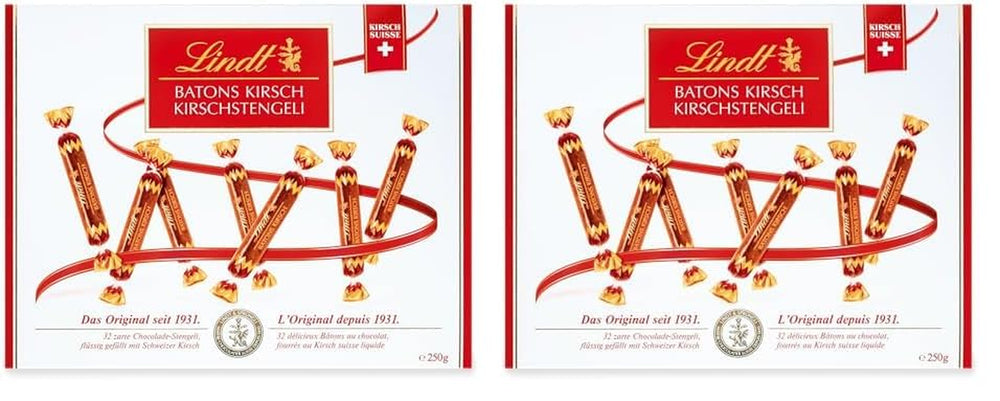Batony czekoladowe Lindt z łodygami wiśni | 250 g 32 Batoniki mlecznej czekolady nadziewanej płynną wiśnią szwajcarską | Prezent czekolada z alkoholem | Czekoladowy prezent