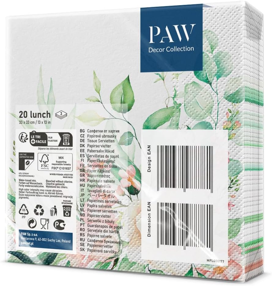 PAW - Șervețele 3 straturi (33 X 33 Cm) I 20 bucăți I Perfect pentru zile de naștere, petreceri, nunți, comuniuni și sărbători I Șervețele de hârtie colorate - flori, trandafiri I Culoare: Floral Moments (pachet cu 2)