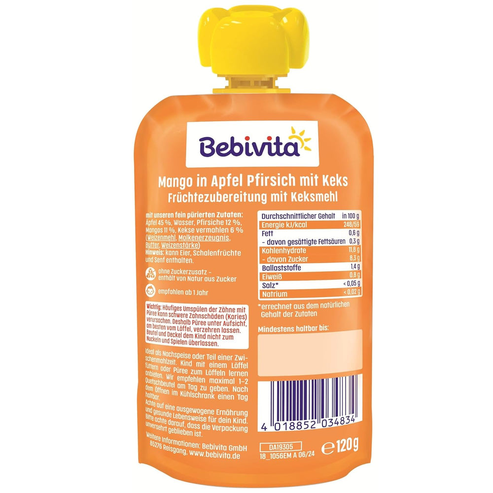 Mango w sosie jabłkowym i brzoskwiniowym z torebką ciastek (6 x 120g), bez dodatku cukru, z łagodnych owoców i wartościowych zbóż, idealne na suchą przekąskę i w podróży.