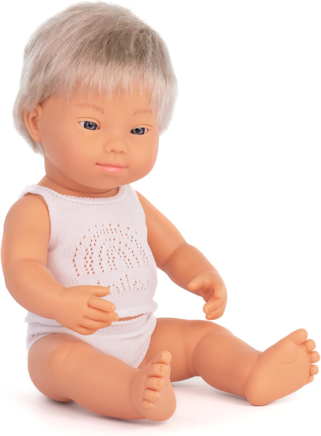 Miniland Dolls: europäische Babypuppe Junge, blond, mit Down Syndrom aus weichem Vinyl, 38 cm, präsentiert mit Unterwäsche in Geschenkbox (31263)