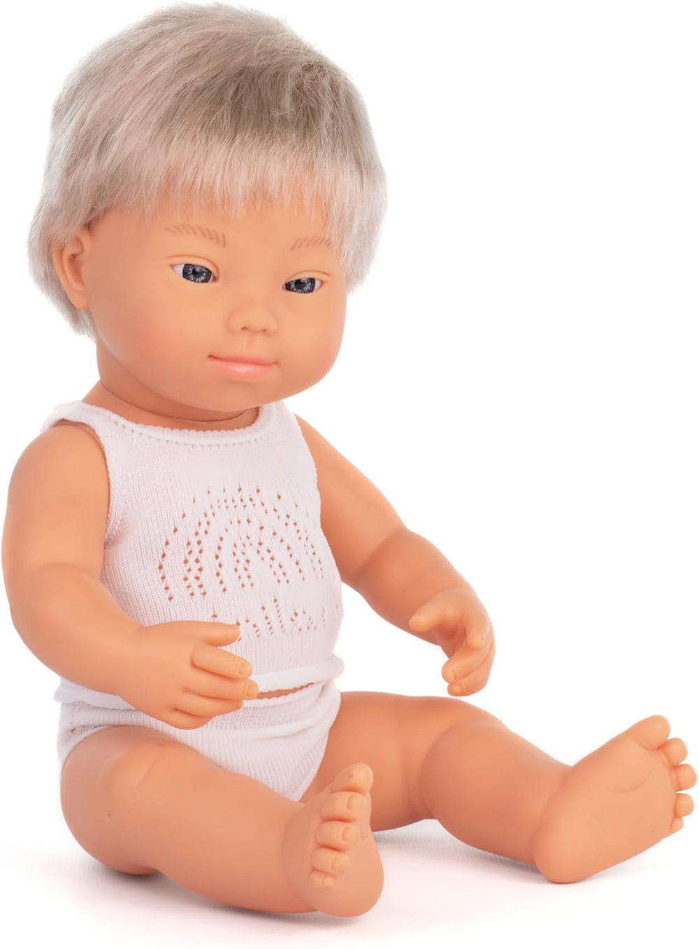 Miniland Dolls: europäische Babypuppe Junge, blond, mit Down Syndrom aus weichem Vinyl, 38 cm, präsentiert mit Unterwäsche in Geschenkbox (31263)