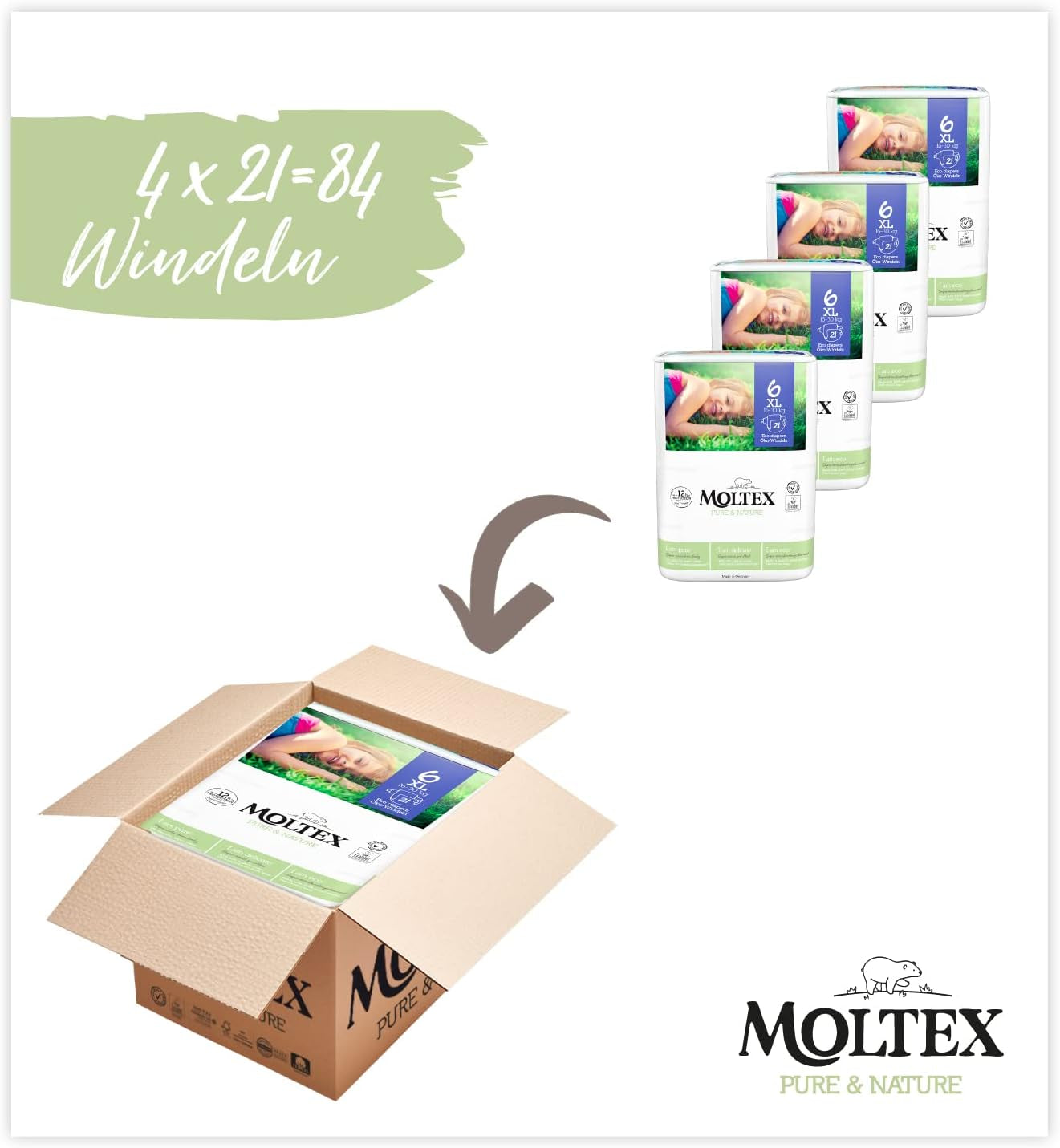 Organiczne pieluszki Pure & Nature Rozmiar 6 XL (17-28kg) Pudełko miesięczne 84 pieluszki organiczne