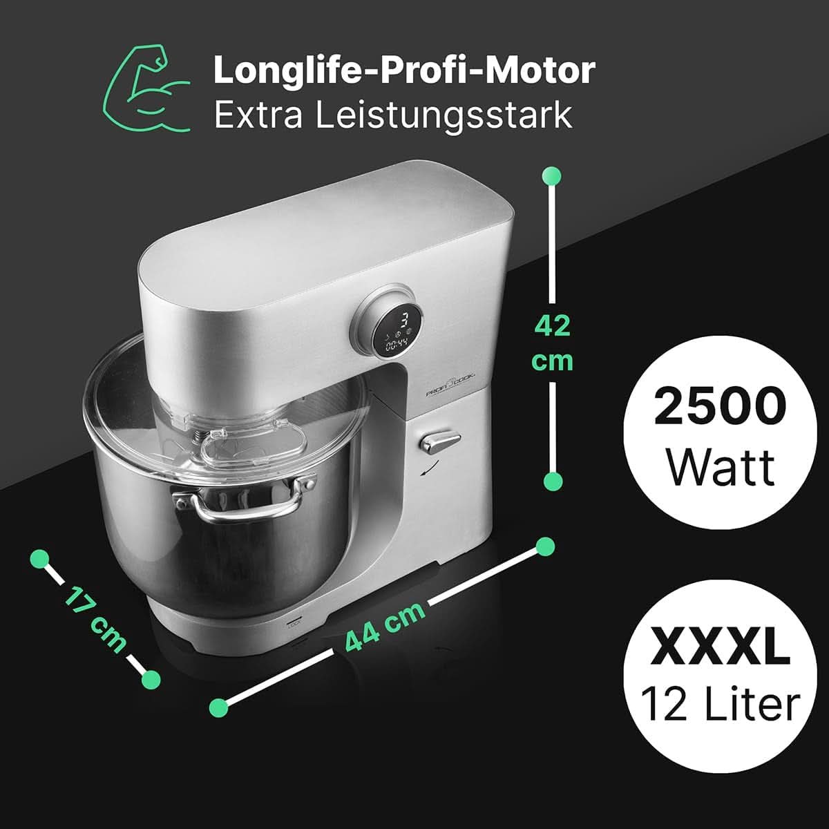 Proficook® Küchenmaschine Mit XXL 12L Schüssel | Silnik Knetmaschine Mit 2500W Longlife-Profi | Metallgetriebe i wyświetlacz LED | Robot kuchenny Für Bis Zu 8,5 kg ciasta | 13 prędkości | PC KM 1254 Sklep Naty dla Matki i Dziecka