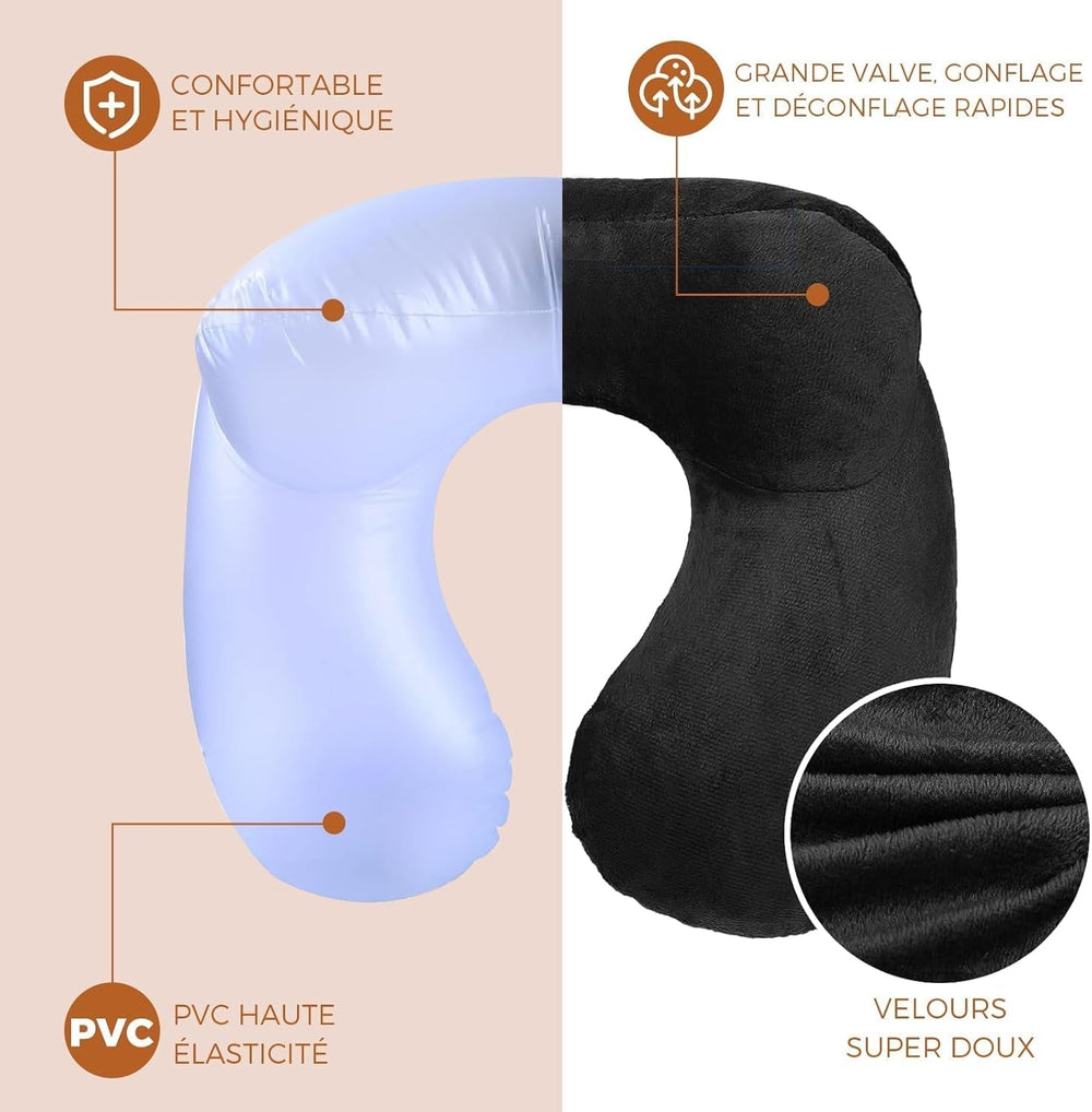 Pernă de călătorie gonflabilă, pernă de călătorie cu mască de somn + dopuri pentru urechi + sac de transport, super ușor și portabil, ideal pentru avion, mașină, casă, birou, negru Perne calatorie Naty Shop