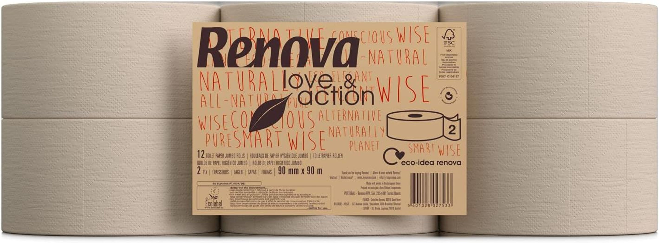 Hârtie igienică Renova Jumbo Love&Action, 12 role premium, 90 M, hârtie kraft, 2 straturi, certificată FSC & Ecolabel