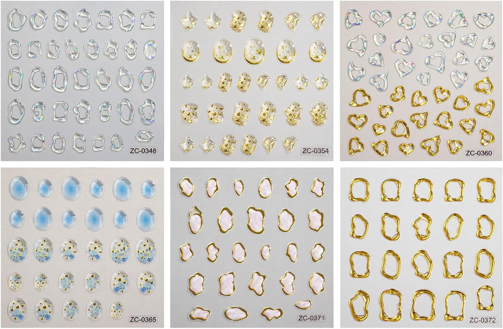 JMEOWIO 6 Blatt 3D Nagelsticker Goldene Unregelmäßige Geometrische Nail Art Sticker Selbstklebend Nagelaufkleber 5D Stereoskopisch Dekoration Nageldesign Zubehör
