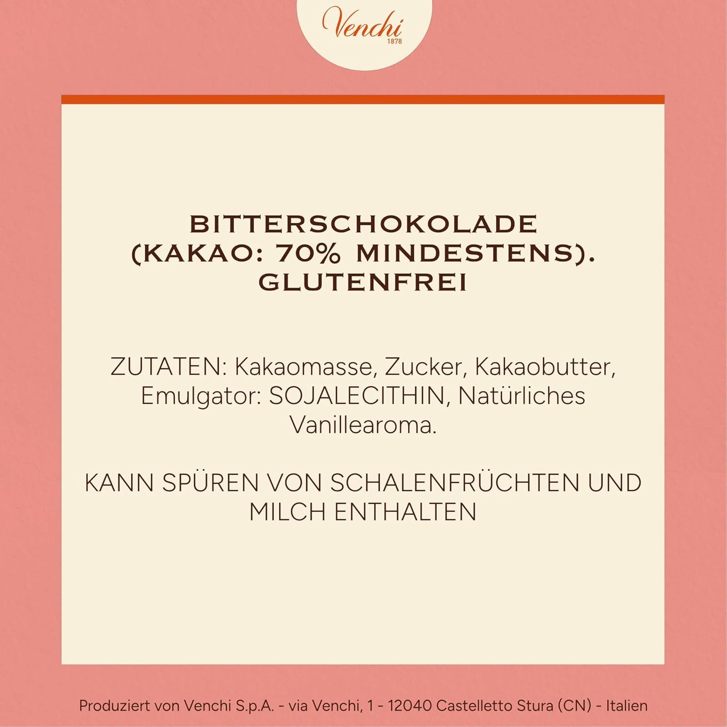 Venchi - Ciemna czekolada 70%, 78 g - Z wyselekcjonowanymi mieszankami kakaowymi - Bezglutenowe - Wegańskie