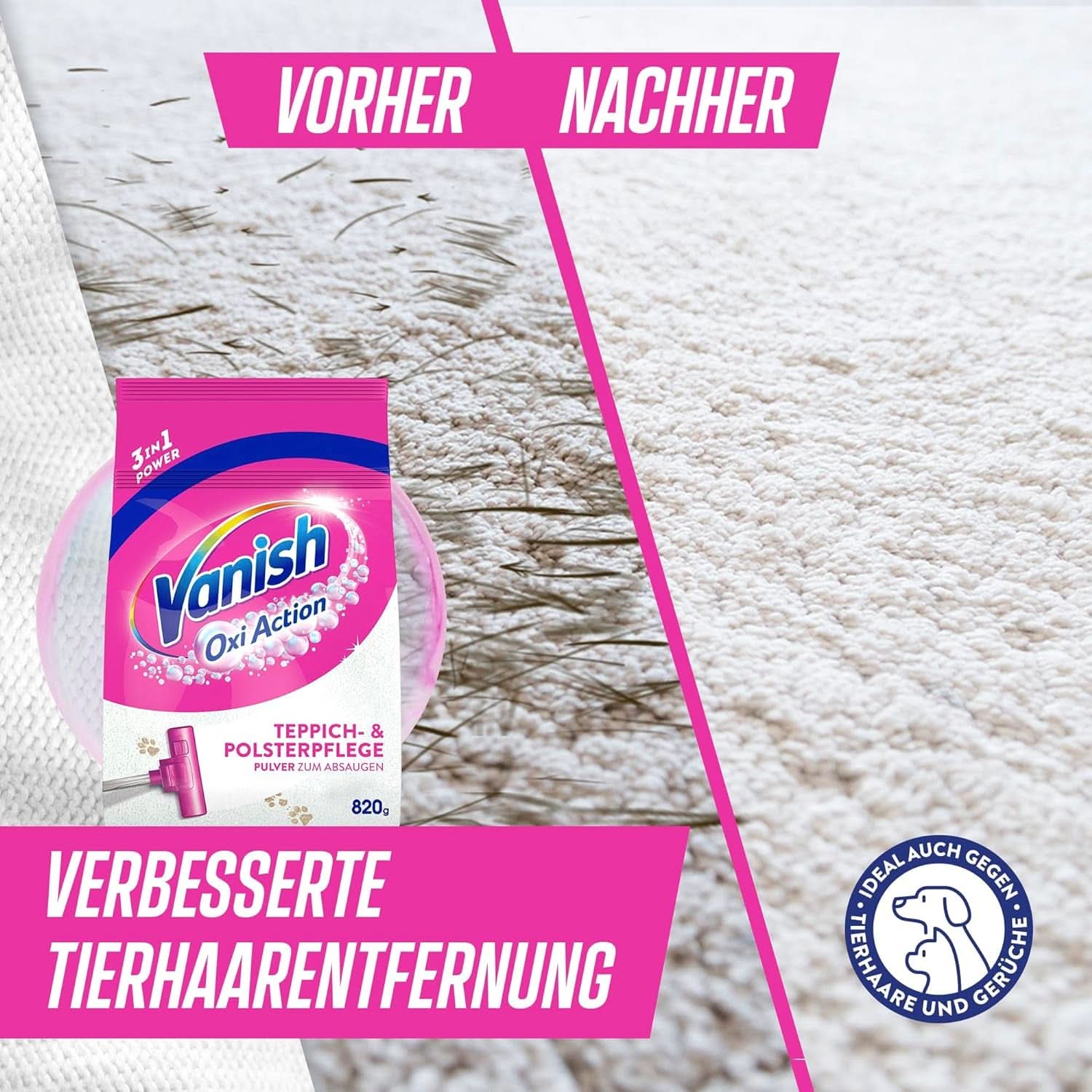 Proszek do czyszczenia dywanów i tapicerki Vanish Oxi Action - 1 X 820 G - Czyści duże powierzchnie dywanów i tapicerki z brudu, zapachu i kurzu. Detergenty do prania Naty Shop