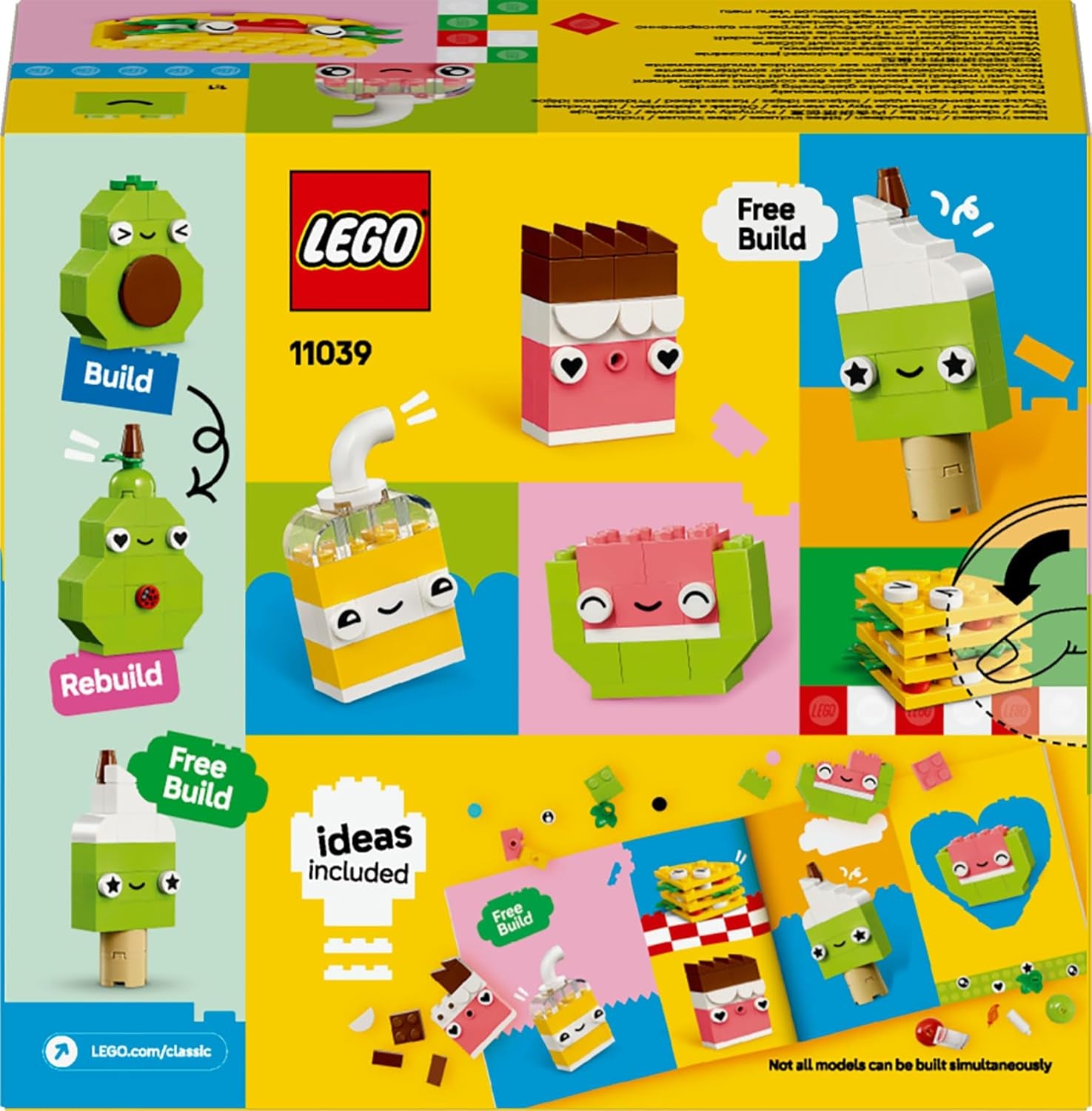 LEGO Classic Creative Snack Bauspaß, Spielzeug mit Essen für fantasievolle Rolenspiele, Bauset für Jungen und Mädchen ab 4 Jahren, Cupcake, Avocado, EIS am Stiel und Taco 11039
