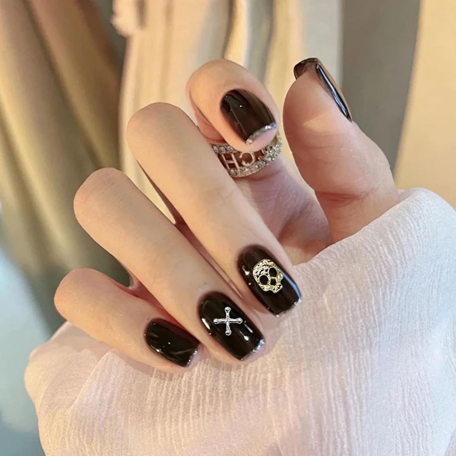 Set de decorațiuni pentru unghii cu craniu în formă de cruce, 120 de piese, brelocuri pentru unghii din metal auriu-argintiu, bijuterii din aliaj punk pentru manichiură, accesorii cu pietre strălucitoare