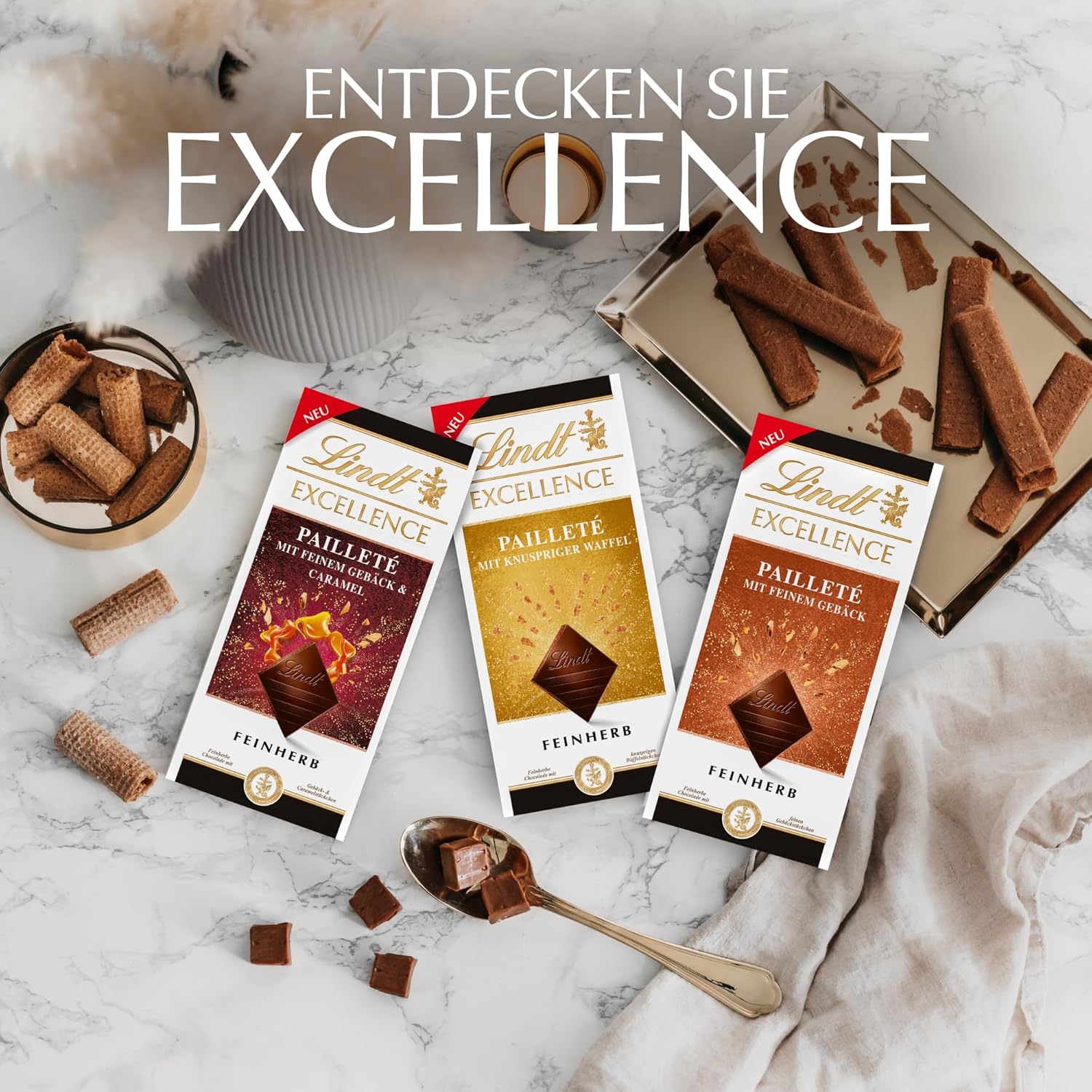Lindt EXCELLENCE Kawałki Ciasta Z Cekinami I Karmelem - Delikatna ciemna czekolada o intensywnym smaku kakao