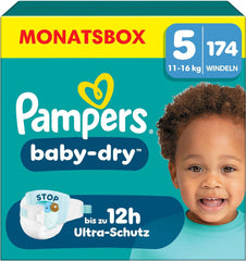 Pieluchy Pampers Baby-Dry Rozmiar 5, 174 pieluszki, 11 kg - 16 kg, do 100% ochrony przed wyciekaniem i komfortu przez całą noc
