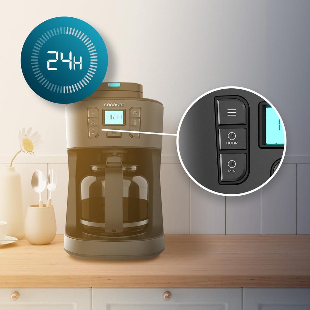Cafetieră cu picurare Cecotec Coffee 66 Grind & Drop Essential. 1086 W, râșniță cu lame, până la 12 cești, tehnologie Extreme Aroma, digitală, oțel inoxidabil, cu oprire automată.