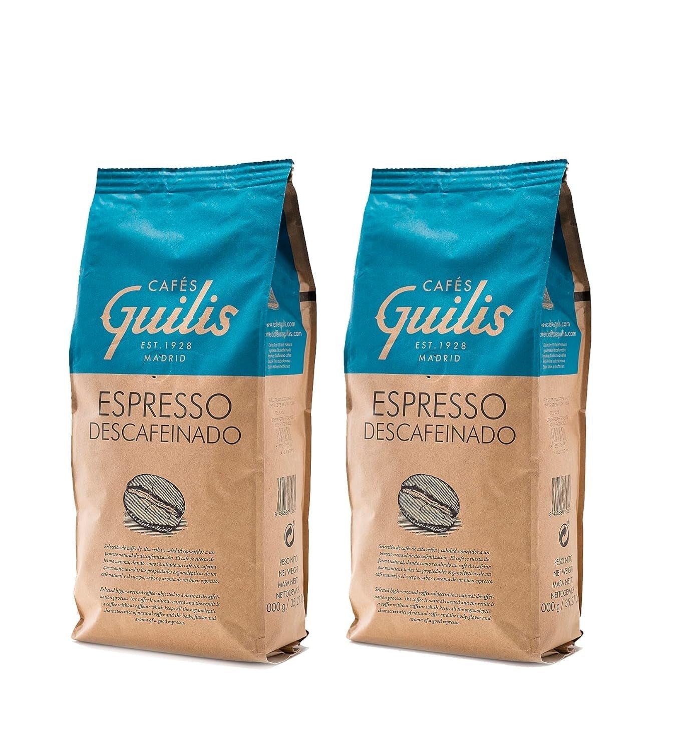 KAWIARNIE GUILIS SINCE 1928 AMANTES DEL CAFÉ - Bezkofeinowa kawa ziarnista Arabica 1 Kg Kawa Naty Shop 2 x 1 Kg Kawa