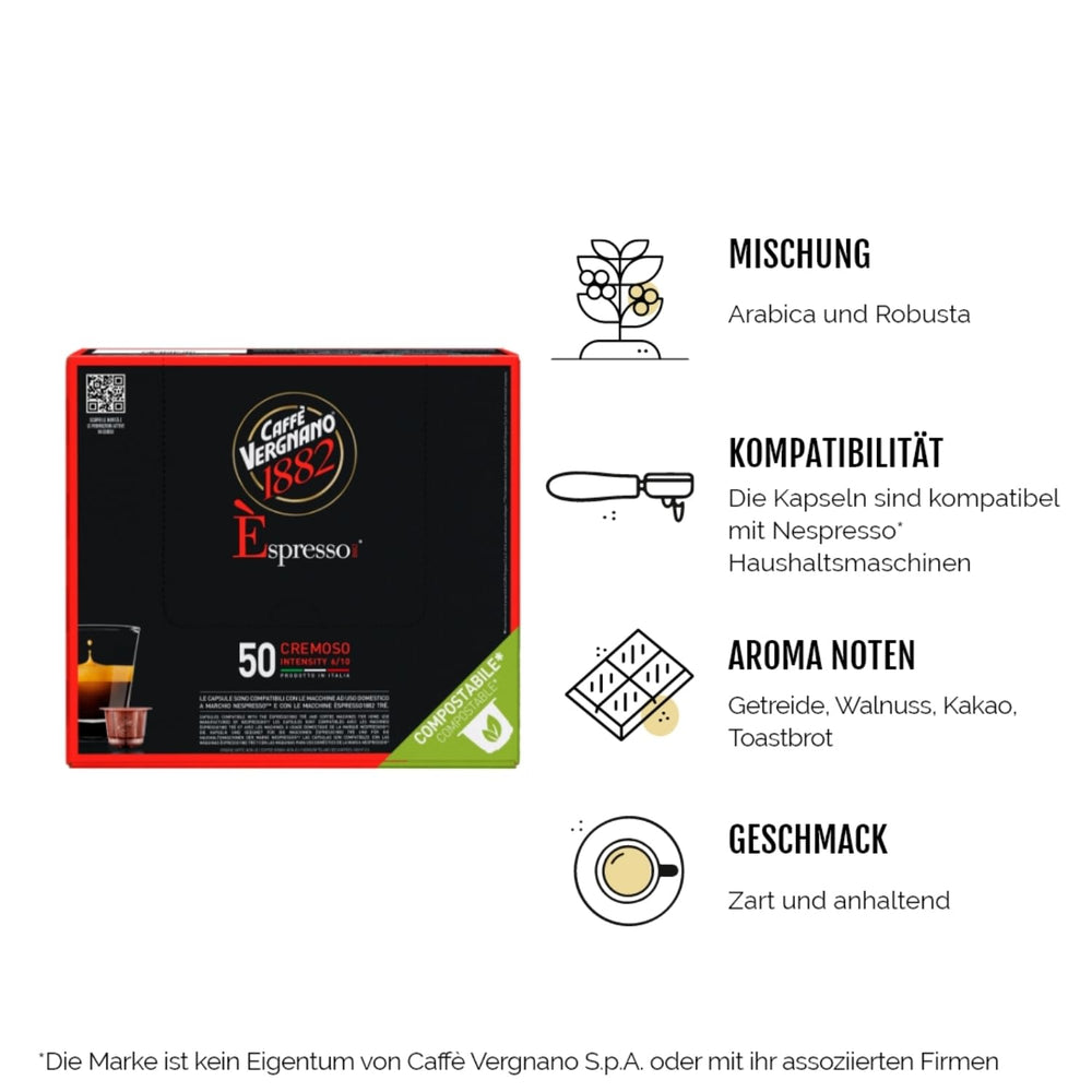 Caffè Vergnano 1882 - Èspresso Kompostierbare Kaffeekapseln, Kompatibel Mit Nespresso, Cremoso (Cremig) - Packung Enthält 50 Kapseln