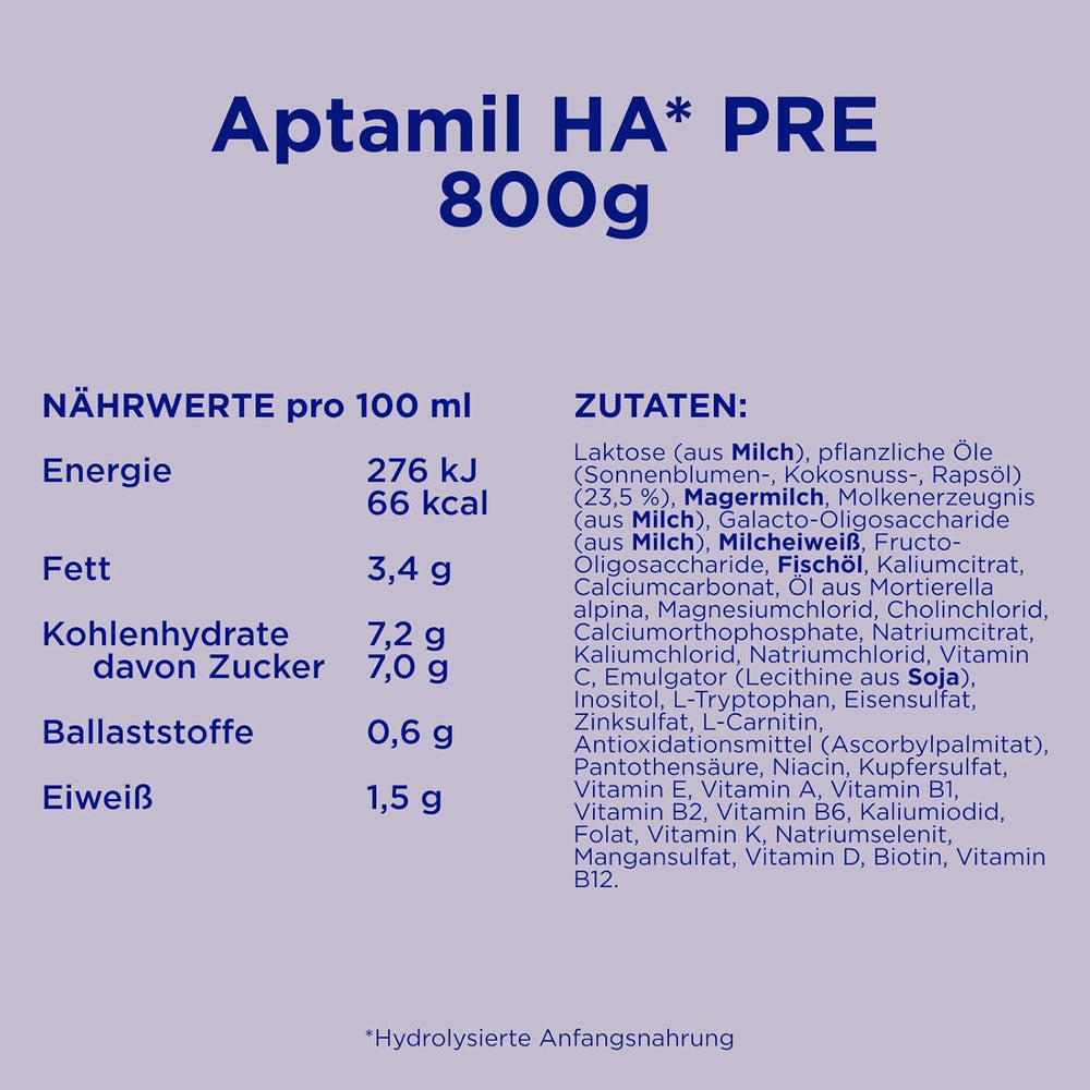 Aptamil HA PRE – Anfangsmilch von Geburt an, Mit DHA, Nur Lactoza, Ohne Palmöl, Babynahrung, Milchpulver, 1x 800 g
