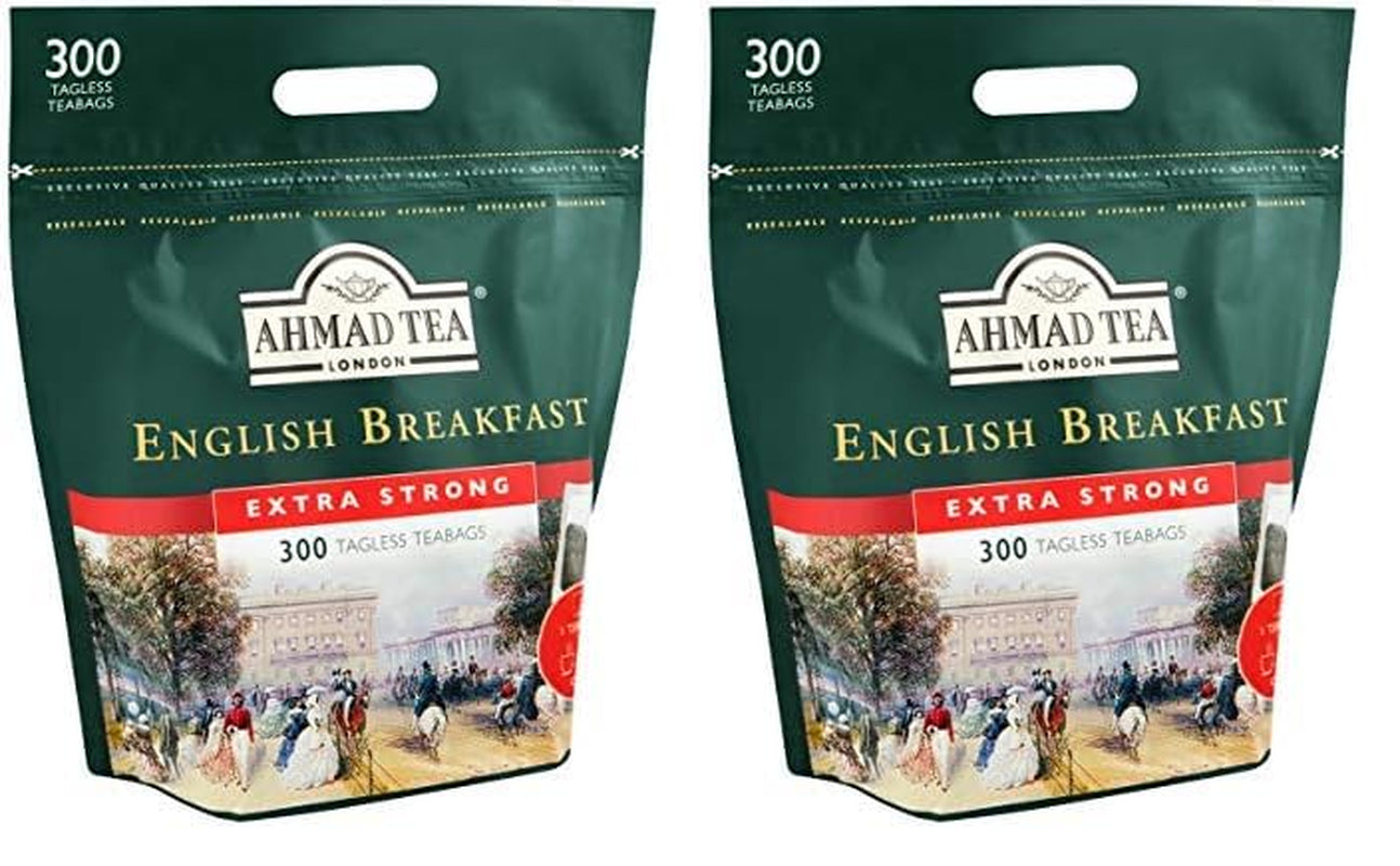 Ahmad Tea - English Breakfast - Ceai negru pentru micul dejun - Ceai Assam &amp; Ceylon - Pliculețe de ceai englezesc fără bandă, cu 2 g de ceai per porție - Pachet mare cu 300 de pliculețe de ceai (pachet cu 2)