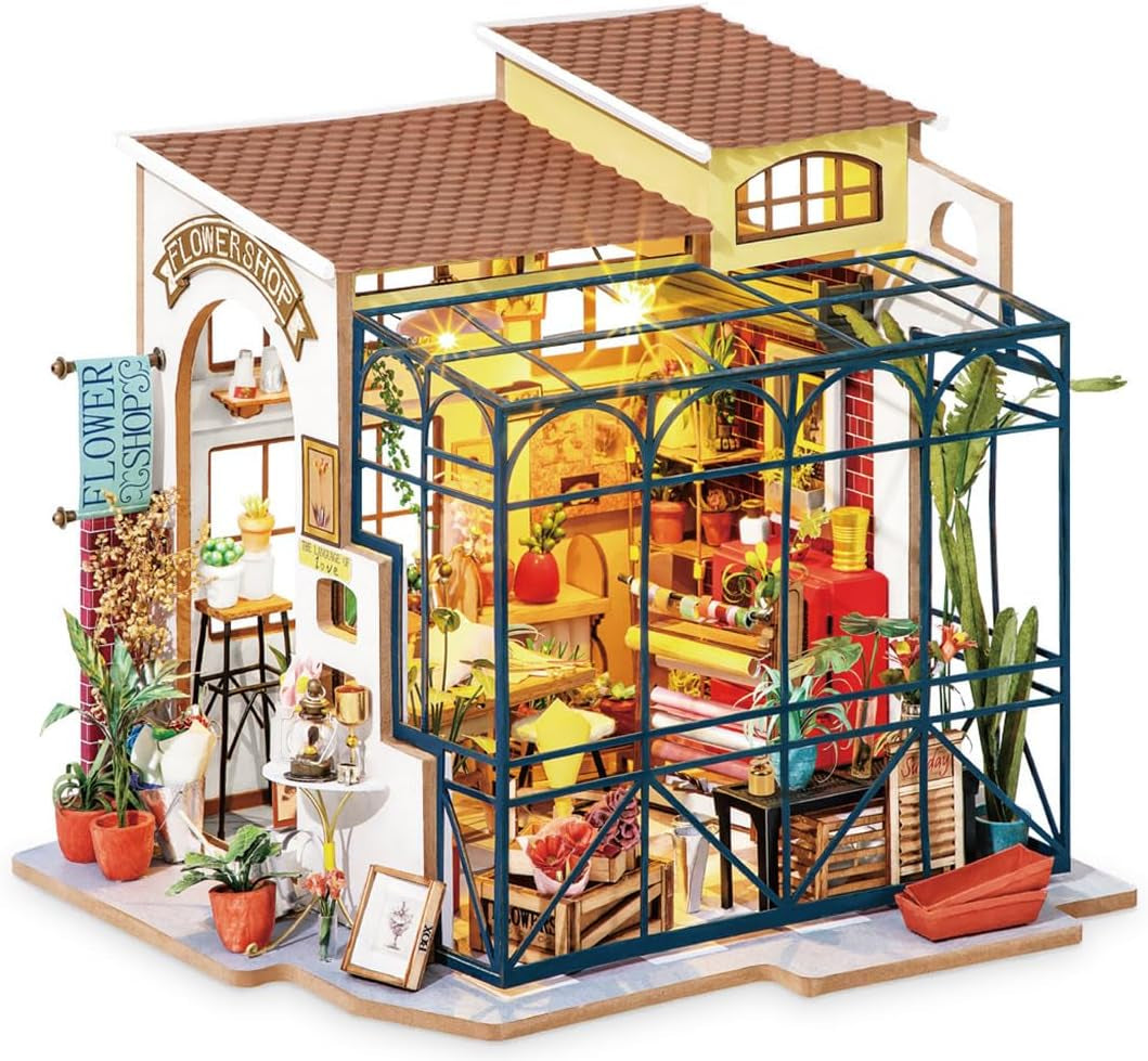 Robotime DG145 Rolife Emily's Flower Shop Miniaturowy domek dla lalek Wykonany z drewna, metalu, tkaniny i kartonu, Wymiary: 22 x 15 x 17 cm, Domki dla lalek Naty Shop Domyślny tytuł