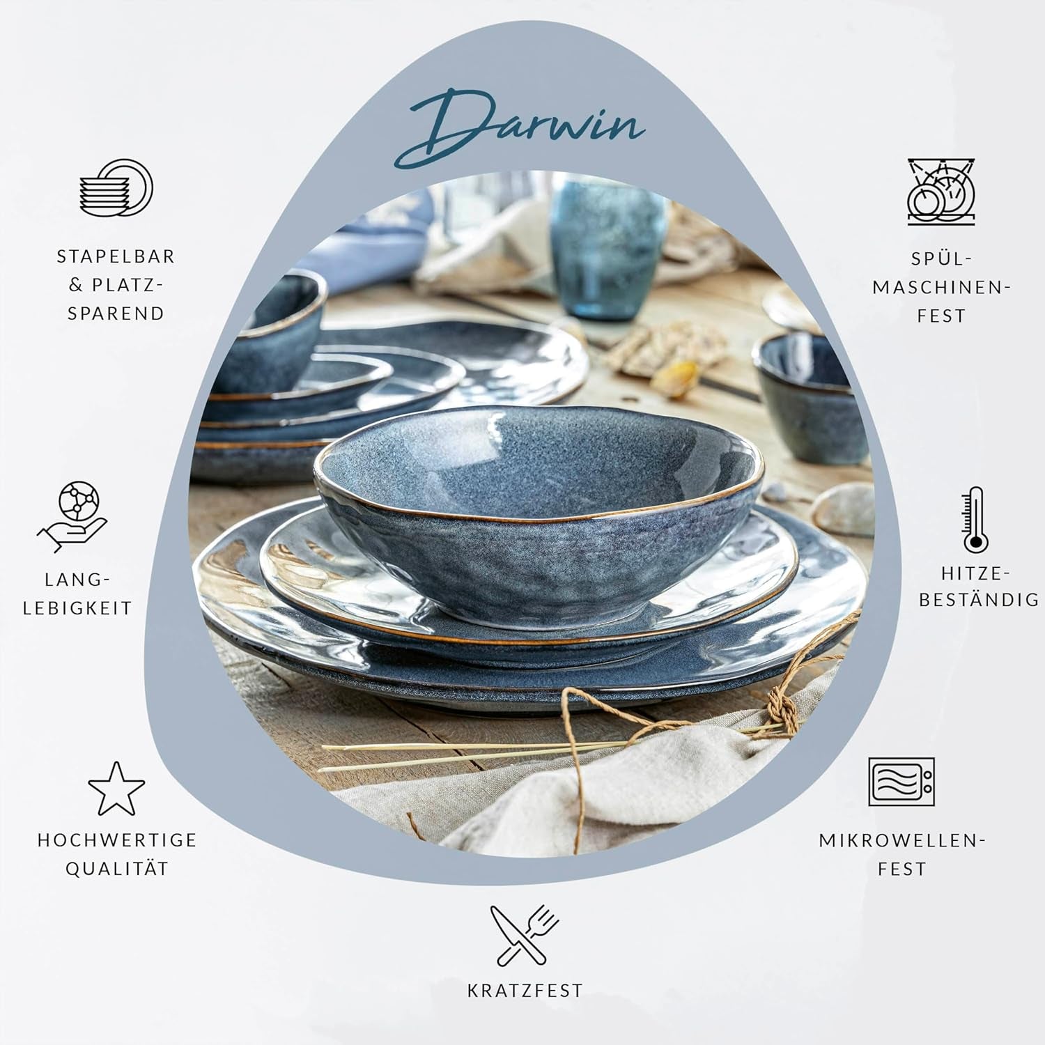 SÄNGER | Set de veselă Darwin cu 12 piese, set de veselă din gresie pentru 4 persoane, set de farfurii albastre care include farfurii de cină, farfurii de desert și farfurii de supă, set de veselă lucrat manual | COLECȚIA PREMIUM