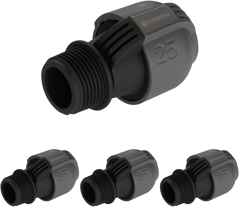 Sistem de irigații Gardena, piesă în L: Conector pentru schimbarea direcției conductei de alimentare, 25 mm, tehnologie de conectare Quick&Easy, compatibil cu conductele de alimentare Gardena de 25 mm, asamblare fără unelte (2773-20)