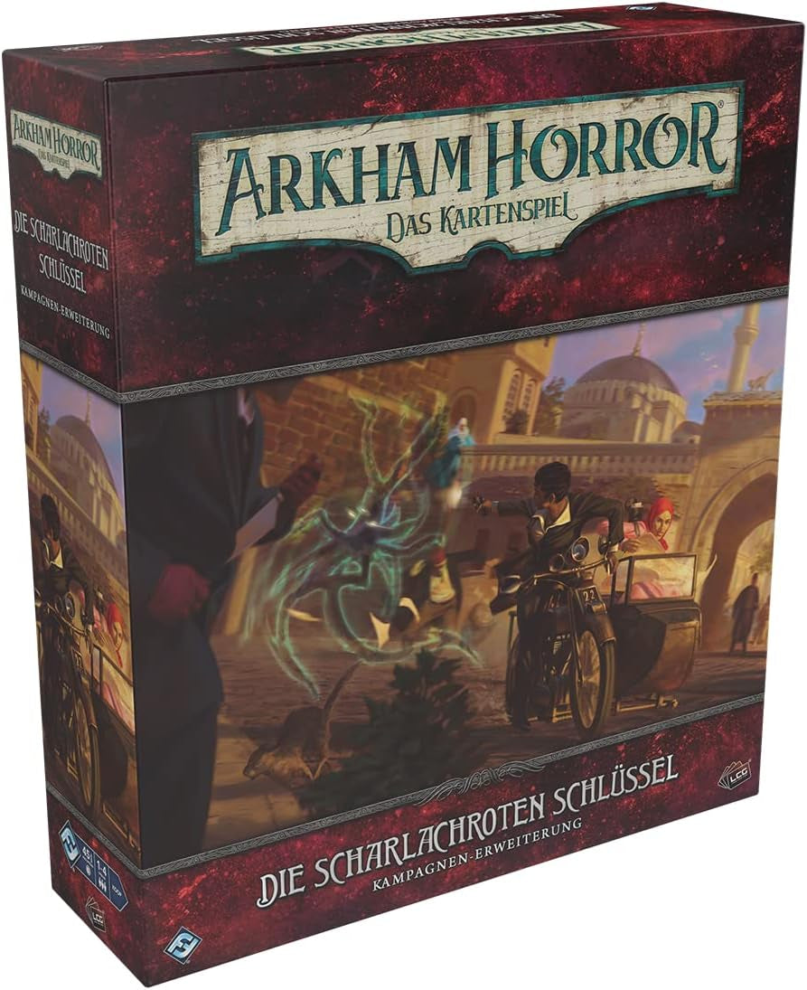 Gry o lotach fantasy, Horror w Arkham: LCG, Gra podstawowa, Gra ekspercka, Gra karciana, 1–4 graczy, Wiek 14+, 45+ minut, Niemiecki, Wielokolorowy, Kolorowy