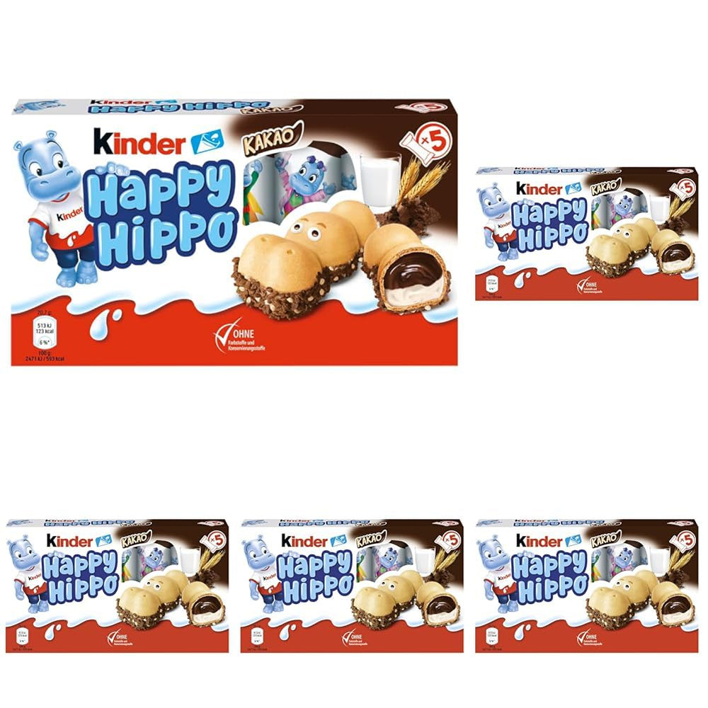 Kinder Happy Hippo Hazelnut - Specjalne chrupiące wafle z mlekiem i kremem z orzechów laskowych - Słodycze karnawałowe i Mardi Gras - 1 opakowanie zawierające 5 pojedynczych batonów po 20,7 g każdy
