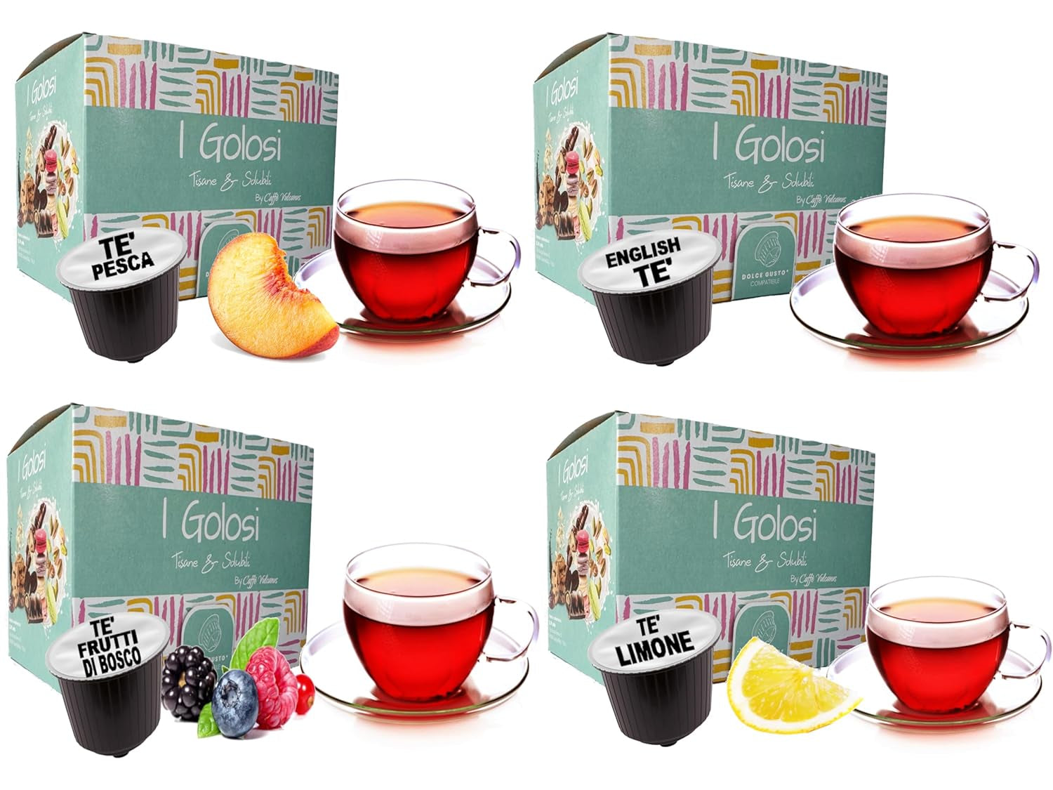Caffè Vulcanus - 60 capsule amestec de ceai, aromă: ceai englezesc, ceai de piersici, ceai de lămâie și ceai de fructe de pădure - capsule compatibile cu Nescafe Dolce Gusto