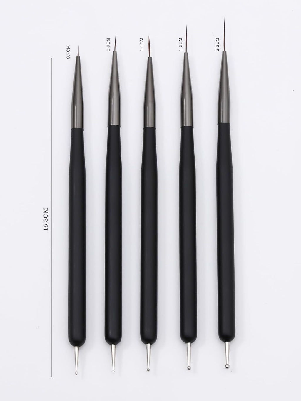 Nagelkunst-Pinsel, 5 Stück, Nailart-Pinsel, Punktierstift-Werkzeuge, Malkunst-Design-Pinsel-Set Für Lange Linien, Dünne Details, Feine Zeichnungsgrößen 7/9/11/15/22 Mm, Schwarz