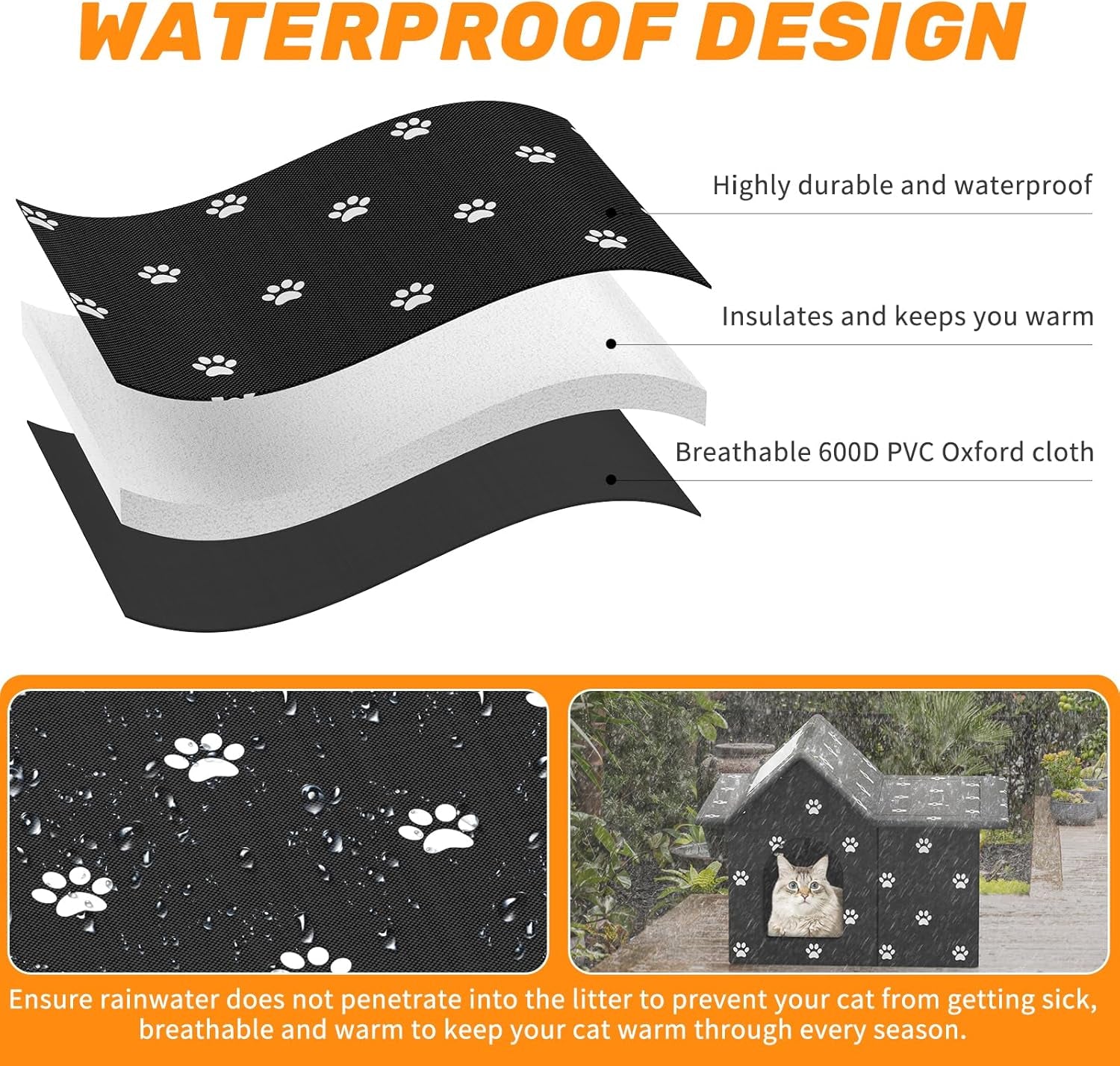 Katzenhaus Für Draußen Winterfest, Haus für verwilderte Katzen mit abnehmbaren Kissen, Winterschutz für Haustiere mit Türvorhängen, einfach zu montieren