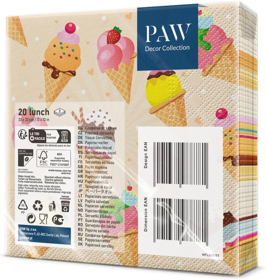 PAW - Șervețele 3 straturi (33 X 33 Cm) I 20 bucăți I Perfect pentru petreceri, zile de naștere, sărbători I Decorațiuni de masă pentru petrecerile copiilor - Șervețele de hârtie colorate cu motiv - Ice Cream I Ice Cream
