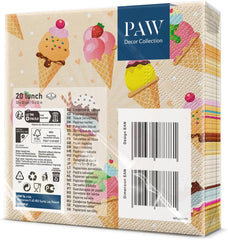 PAW - Șervețele 3 straturi (33 X 33 Cm) I 20 bucăți I Perfect pentru petreceri, zile de naștere, sărbători I Decorațiuni de masă pentru petrecerile copiilor - Șervețele de hârtie colorate cu motiv - Ice Cream I Ice Cream