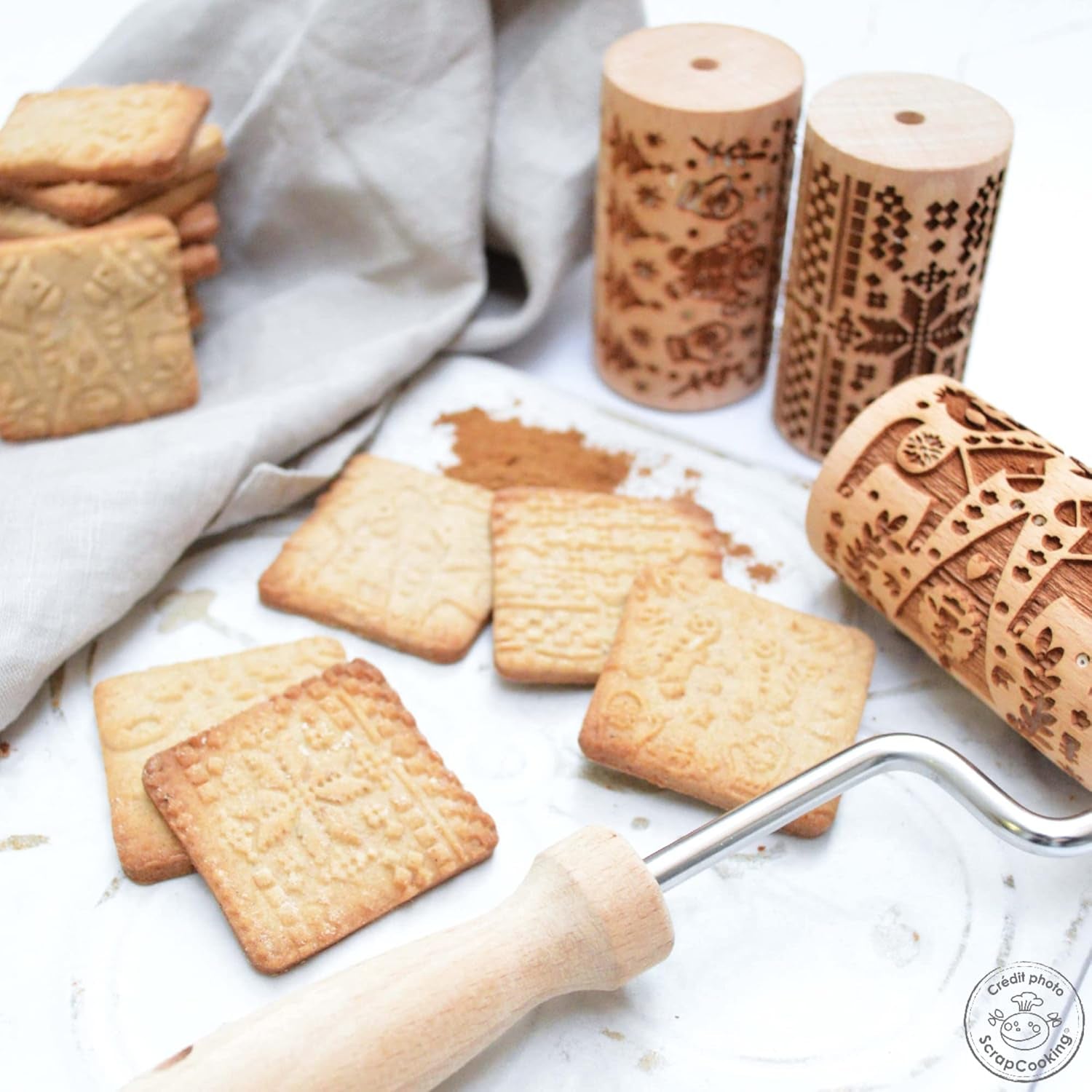 ScrapCooking 3798 Zestaw świątecznych ciasteczek – 3 Mini-Gebäckrollen aus Holz mit Motiven – Dekos mit Prägung – Form für Kekse, Sandgestrahlt, Kekse