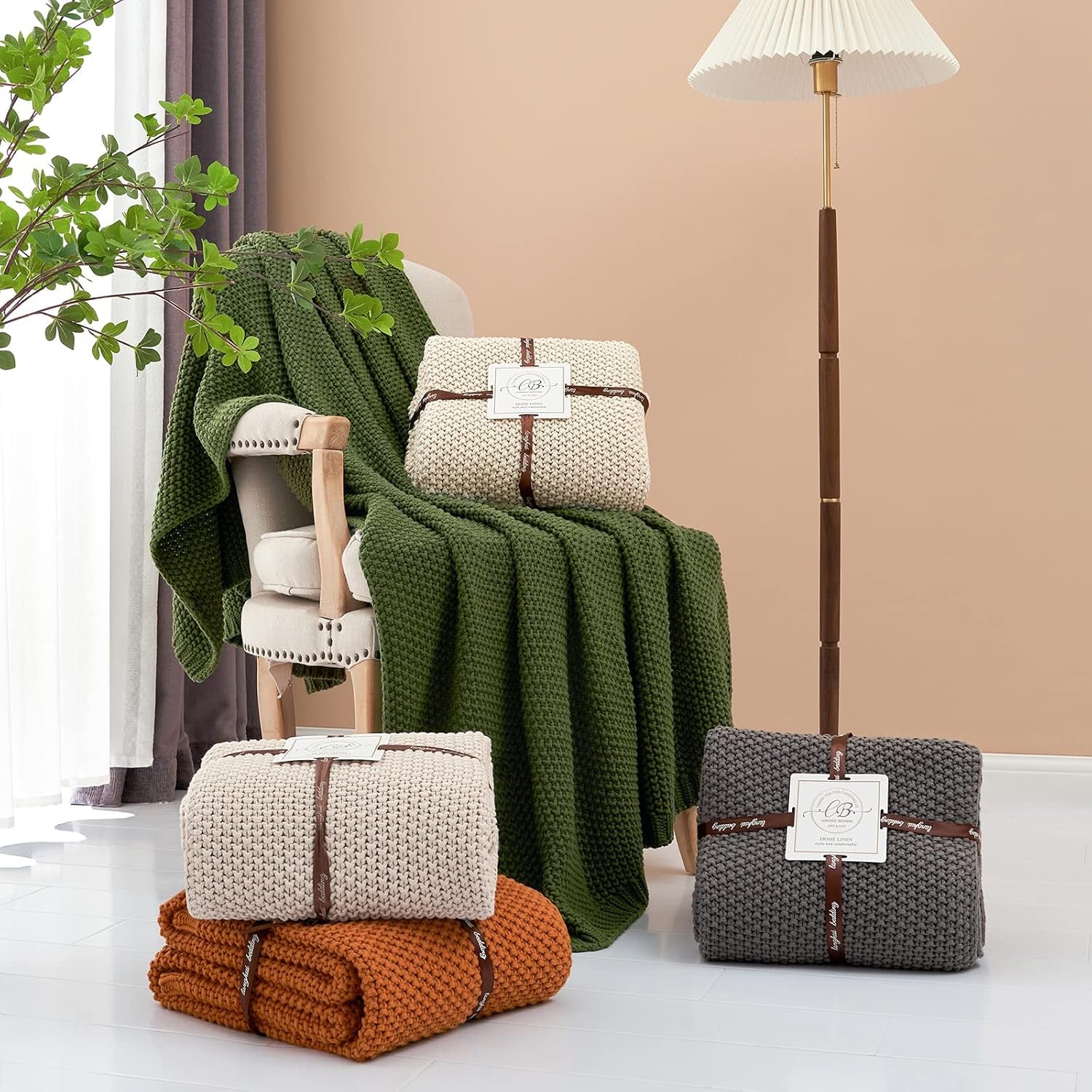 Chunky tricot arunca pătură, Lightweight, Bej, 100% bumbac organic, Pătură pentru canapea, canapea, pat, copil, camera copiilor, Rustic, Shabby chic, Modern farmhouse, 152.4 X 203.2 cm, Inclusiv sac de rufe Paturi si Cuverturi Longhui bedding Gri 51 "X63"