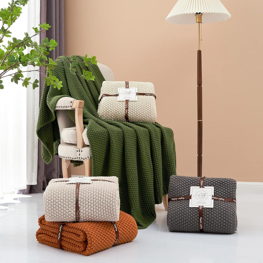 Koc z grubej dzianiny, lekki, beżowy, 100% bawełny organicznej, koc na sofę, sofę, łóżko, dziecko, pokój dziecięcy, rustykalny, shabby chic, nowoczesny dom wiejski, 152,4 x 203,2 cm, w zestawie torba na pranie. Łóżka i koce Pościel Longhui szara 51 "X63"