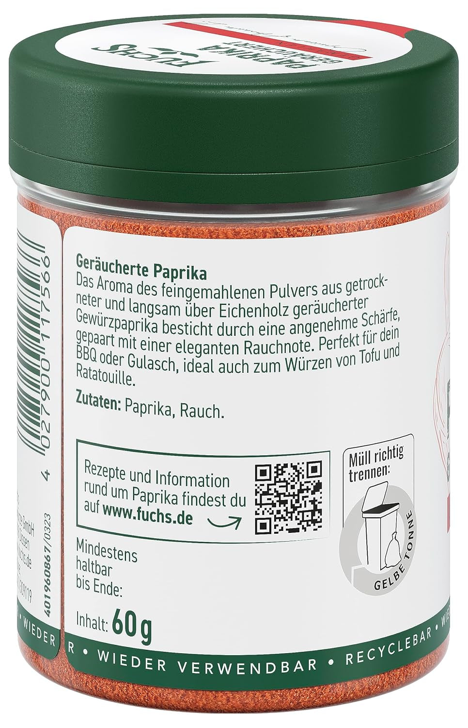 Fuchs Gewürze - Paprika geräuchert gemahlen - rauchiger Gesmack für BBQ, Gulasch oder Tofu - naturalne Składniki - 60 g w wiederverwendbarer, recyclebarer Dawka