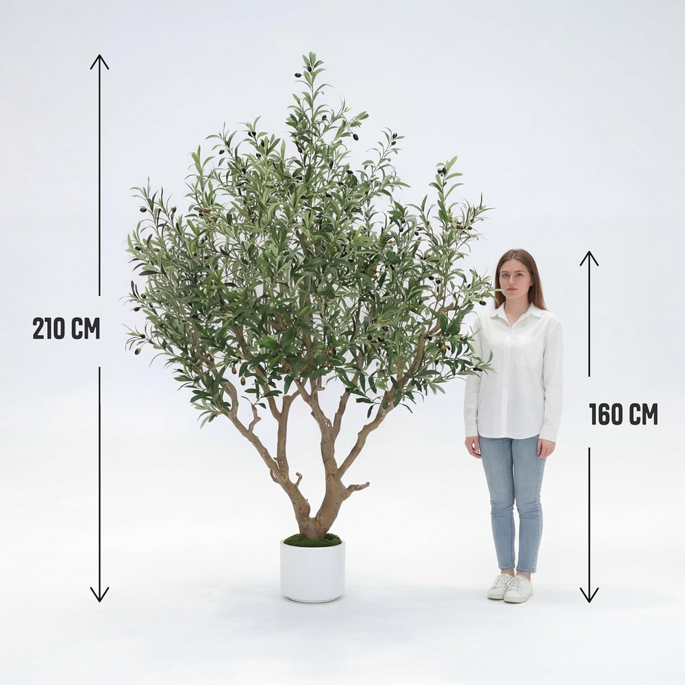 Olivenbaum Künstlich 210 Cm Inkl. Topf - Künstlicher Olivenbaum Mit Naturgetreuem Stamm, Realistischen Blättern & Oliven - Künstlicher Baum Für Indoor & Outdoor, Groß, Inklusive Moos & Topf