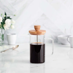 - Cafetieră franceză, presă de cafea, aparat de cafea cu piston, ibric francez pentru cafea filtrată, 3 cești, 0,35 l, oțel și lemn