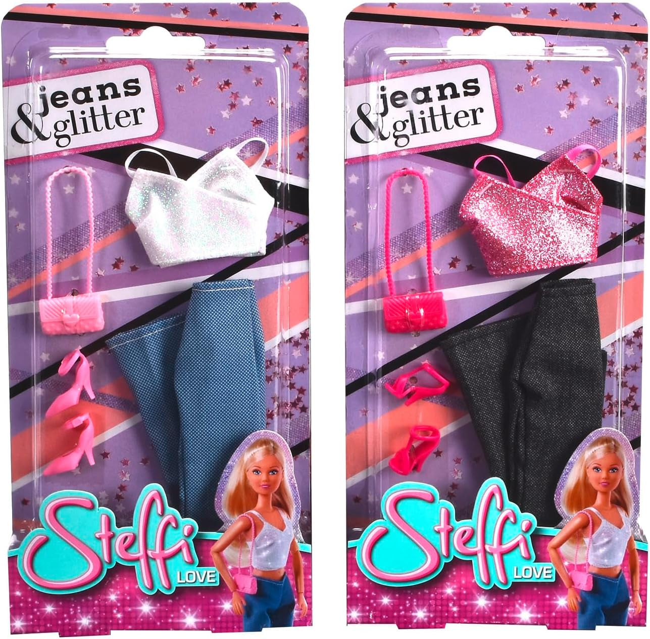 Simba Steffi Love Jeans & Glitter, 2-Fach Sortiert, es Wird nur EIN Artikel geliefert, Glittertop mit Jeans und Fashion Zubehör, für 29cm Ankleidepuppen, ohne Puppe, ab 3 Jahren