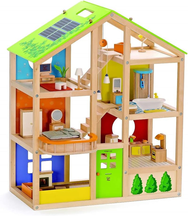 Hape E3401 Casă Patru Anotimpuri, Mobilată și E3500 - Familie de Păpuși, Piele Deschisă