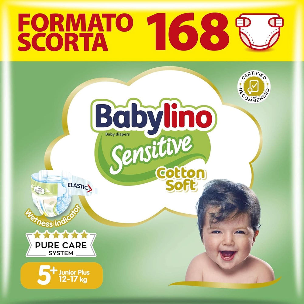 Babylino Sensitive, delikatne pieluszki dla dzieci, różne rozmiary Matka i Dziecko Naty Shop Rozmiar 5+ (168 sztuk)