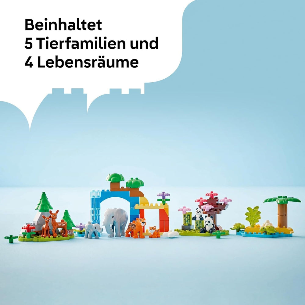 LEGO DUPLO Town Wild Animal Familys Zestaw 3 w 1, zabawka edukacyjna dla maluchów z żółwiami, tygrysami, słoniami, jeleniami i pandami, zestaw dla przedszkolaków od 2. roku życia, zabawka do budowania z figurkami zwierząt 10446 Zestawy do budowania Szukaj sklepu LEGO