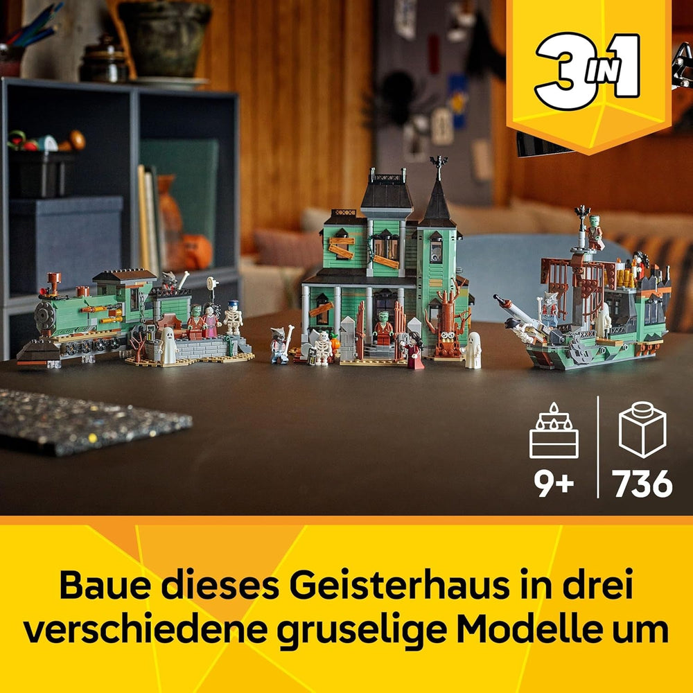 LEGO Creator Geisterhaus - 3-in-1 Spielzeug mit Haus - Bauset umbaubar in Schiff oder Zug - Mit 5 gruseligen Minifiguren - Cooles Halloweengeschenk für Jungen und Mädchen ab 9 Jahren - 31167