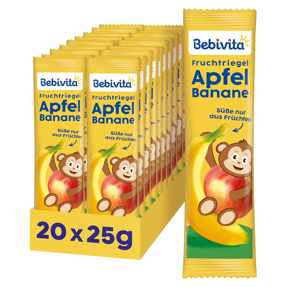 Batony jabłkowo-bananowe (20 x 25g), słodzone wyłącznie owocami, doskonała przekąska między posiłkami, przygotowana ze ściśle kontrolowanych i wyselekcjonowanych składników.