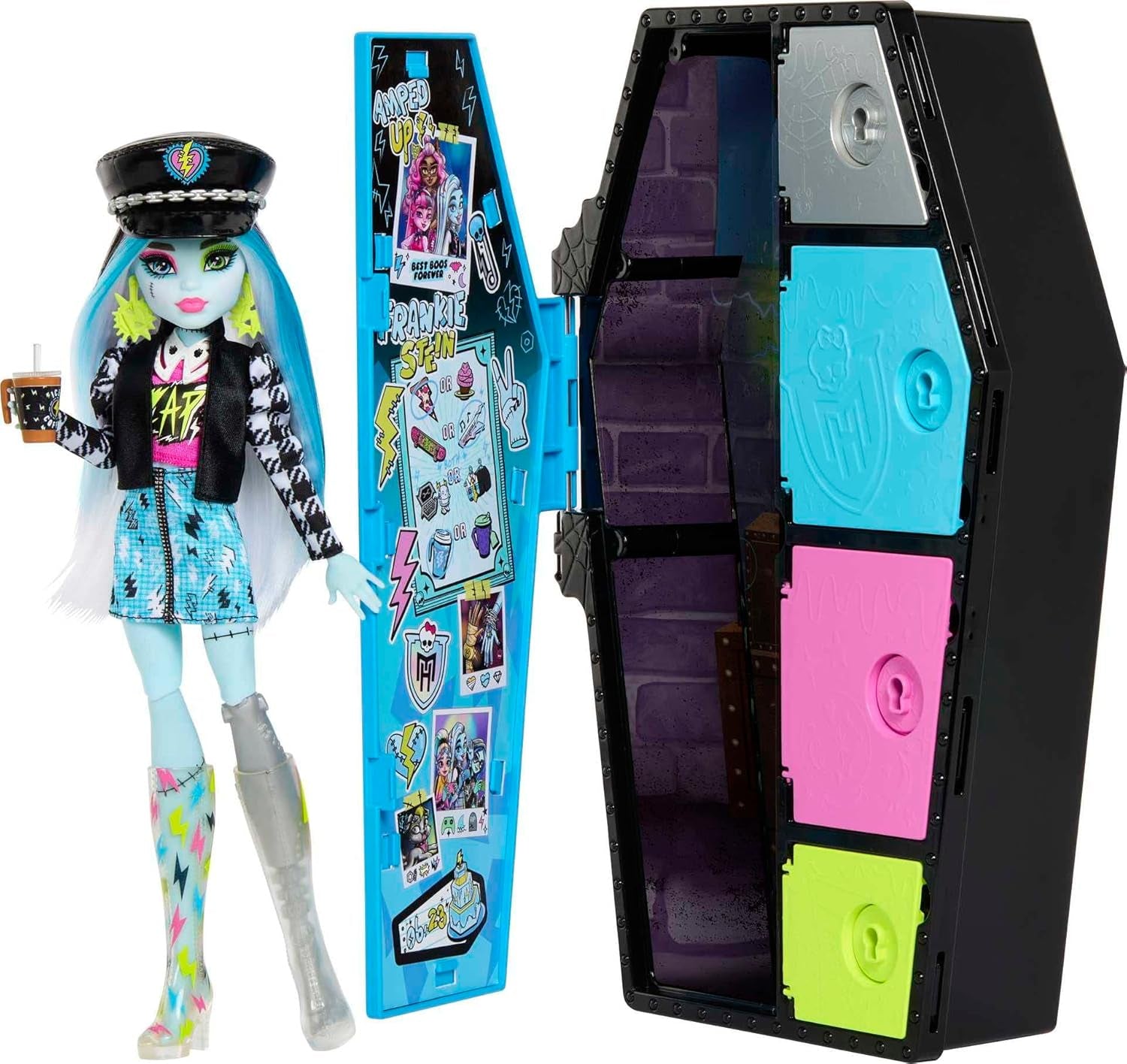 Monster High HKY62 - Păpușă și Set de Modă, Frankie Stein cu Dulap și peste 19 Accesorii, Secretele Skulltimate, Jucărie de Păpușă pentru Copii cu Vârsta de 4 Ani și Peste