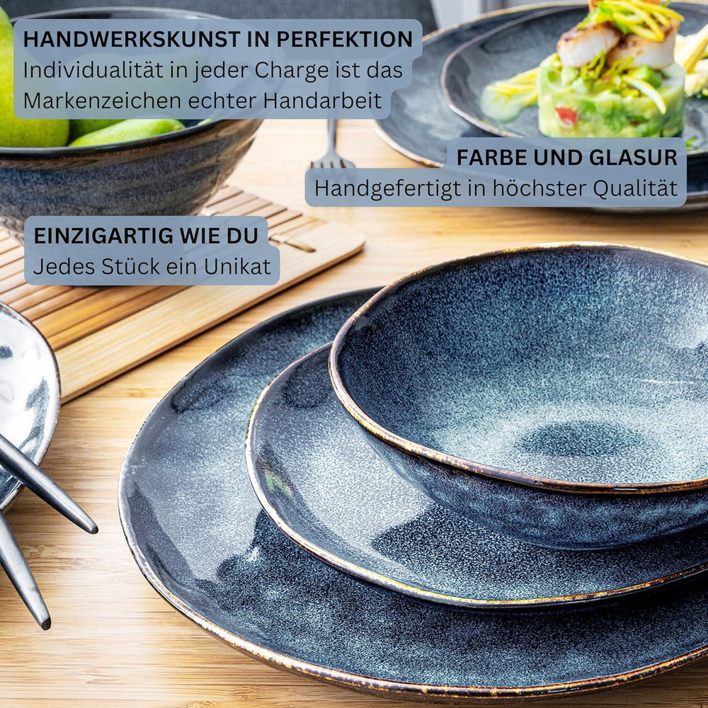 Sänger | Set de veselă Tokyo cu 36 de piese, veselă pentru 12 persoane, set de veselă din gresie, modern lucrat manual, veselă albastru închis cu accente negre | COLECȚIA PREMIUM