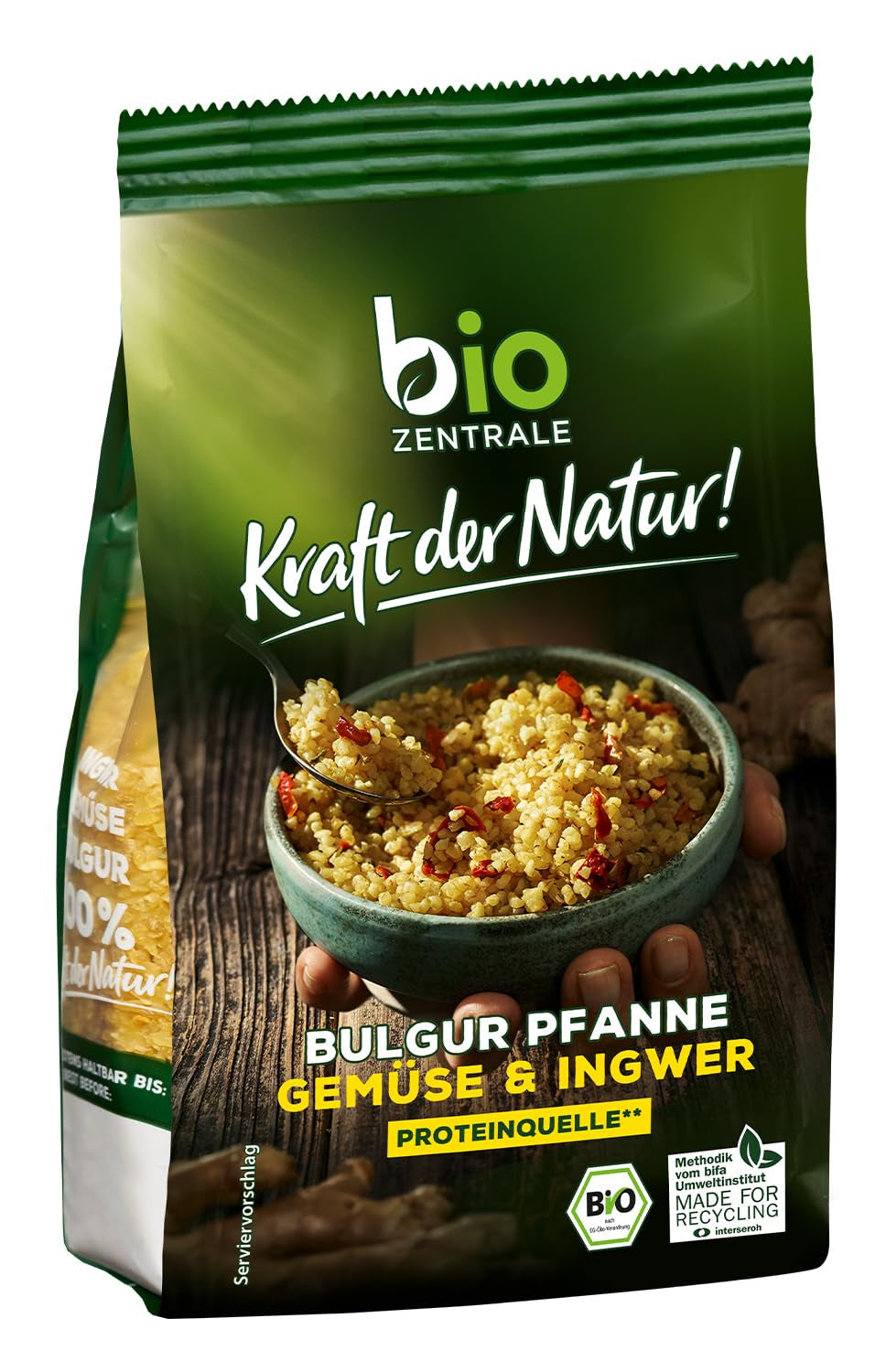 Biozentrale Bulgur na tacy z warzywami i imbirem | 200 g idealne na szybki posiłek na wynos | źródło białka wegańskiego | łatwe w przygotowaniu