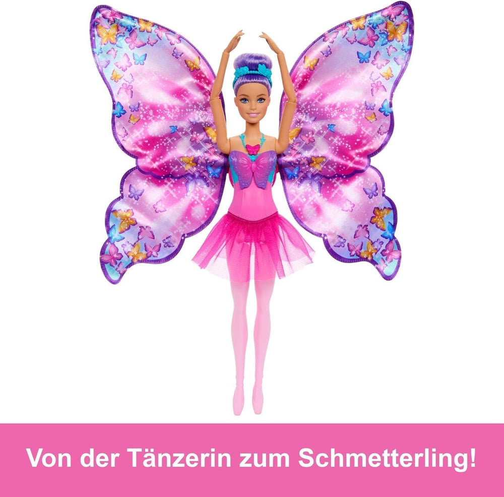 Păpușa Barbie Dance And Flutter cu transformare 2 în 1 de la dansatoare la fluture cu aripi care se deschid, păr violet, bijuterii de păr și tutu detașabil, HXJ10 Papusi Naty Shop