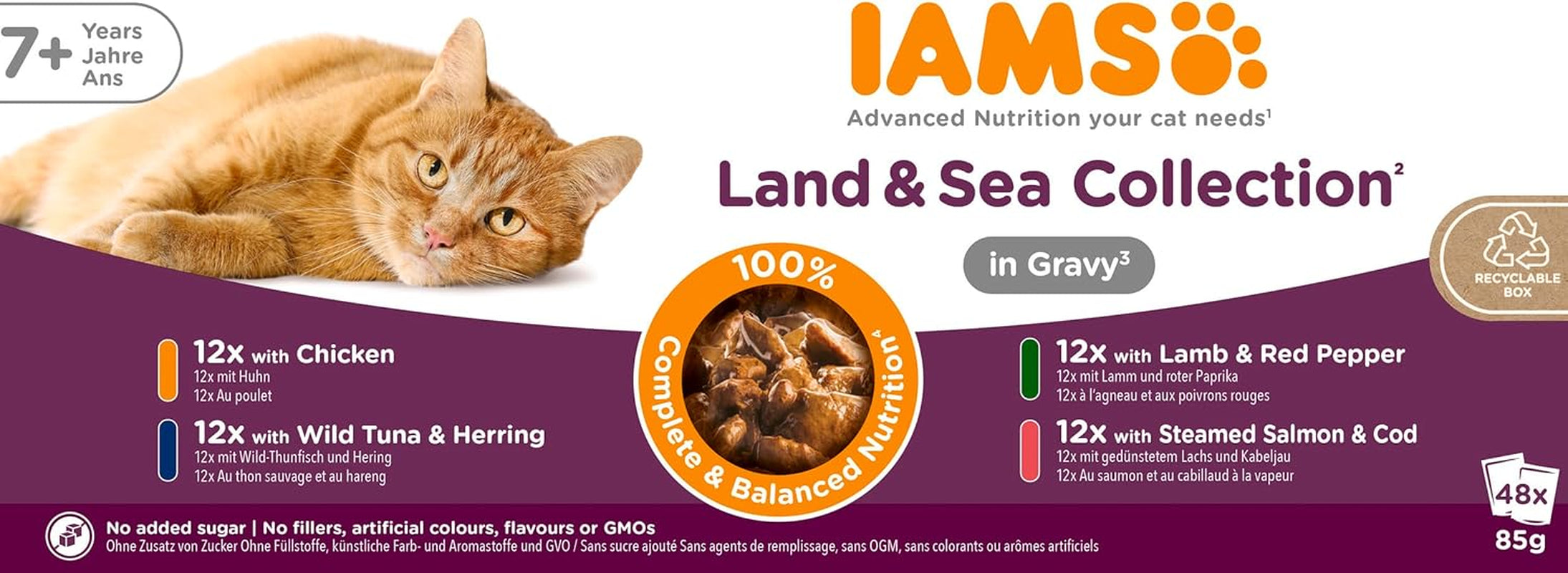 IAMS Delights Senior Cat Food Wet - Multipack cu pui și pește în sos, hrană umedă de înaltă calitate pentru pisici bătrâne de la 7 ani, 12 X 85 G